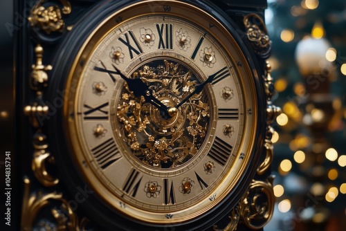 A close view of an ornate vintage clock showcasing intricate details and gold...