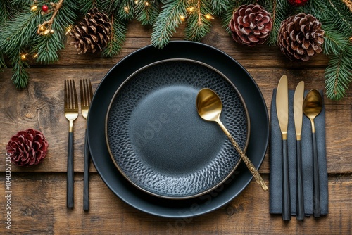 Elegant black dinnerware and gold cutlery arranged beautifully on a rustic wo...