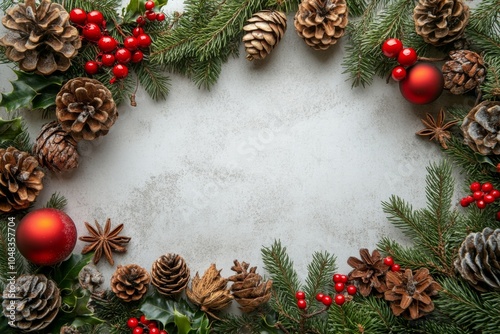 Festive arrangement of red and gold ornaments with pine cones and foliage for...