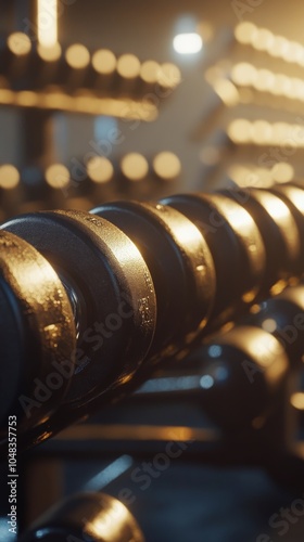 A close up view of a dumbbell with water droplets in a gym environment during...