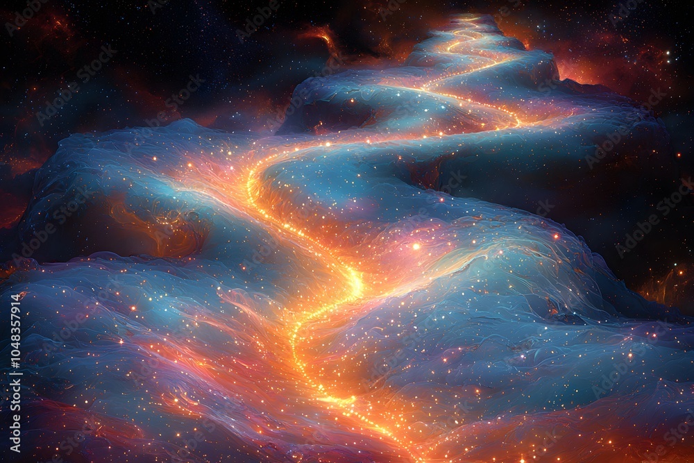 Naklejka premium Magical cosmic river flowing through a vibrant celestial landscape at night
