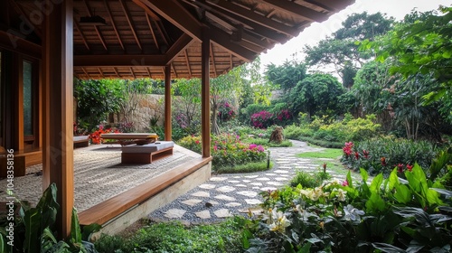 Wooden pavilion overlooking a lush garden path.