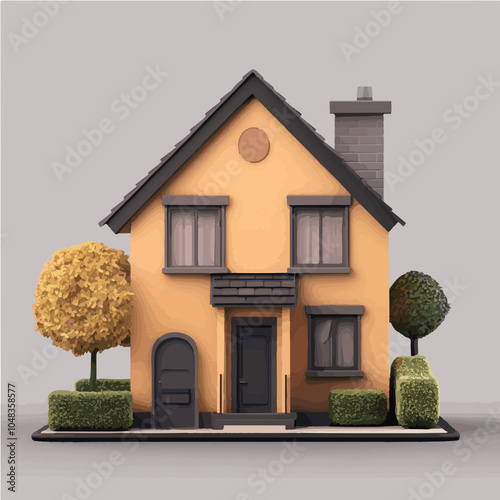 Realistic vector of a suburban house with trees, perfect for real estate and residential property ads. Warm, inviting home exterior illustration.