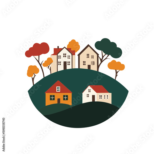 Stylized hillside neighborhood vector, featuring cozy homes and autumn trees. Perfect for housing market and real estate branding. Warm and inviting feel.