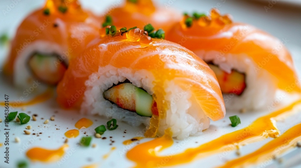 Salmon Sushi Rolls with Orange Sauce and Green Onions Salmon Sushi Rolls with Orange Sauce and Green Onions