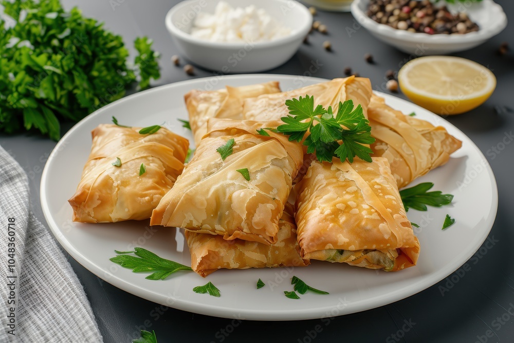 A serving of spanakopita, spinach and feta cheese wrapped in crispy filo pastry, arranged on a white plate A serving of spanakopita, spinach and feta cheese wrapped in crispy filo pastry, arranged on a white plate