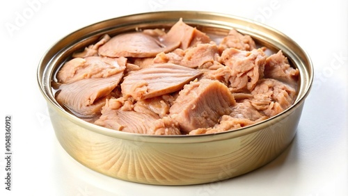 Tinned ASDA tuna chunks in spring water on white background with low angle view photo