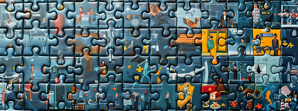 Fototapeta premium A vibrant, colorful puzzle featuring various scenes of daily life, with a blend of characters and activities creating an engaging collage.