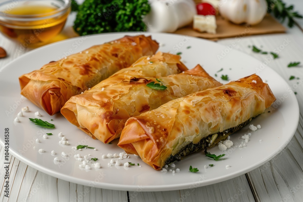 A serving of spanakopita, spinach and feta cheese wrapped in crispy filo pastry, arranged on a white plate A serving of spanakopita, spinach and feta cheese wrapped in crispy filo pastry, arranged on a white plate