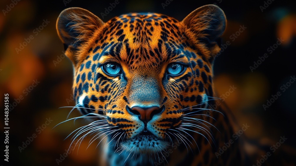 Obraz premium A close-up portrait of a leopard with blue eyes, looking directly at the camera.