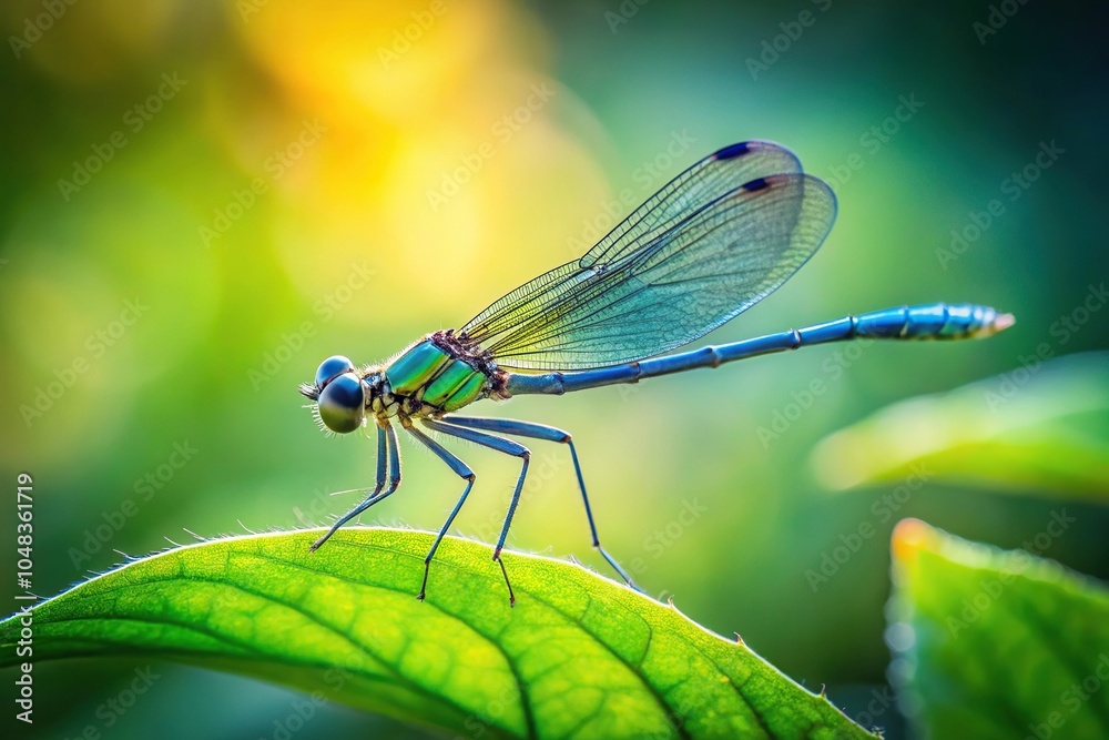 Tiny dragonfly perched on green leaf in garden Tiny dragonfly perched on green leaf in garden