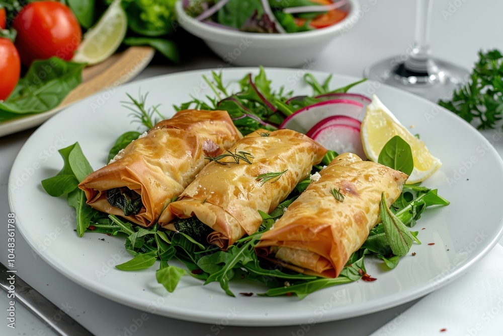 A serving of spanakopita, spinach and feta cheese wrapped in crispy filo pastry, arranged on a white plate A serving of spanakopita, spinach and feta cheese wrapped in crispy filo pastry, arranged on a white plate