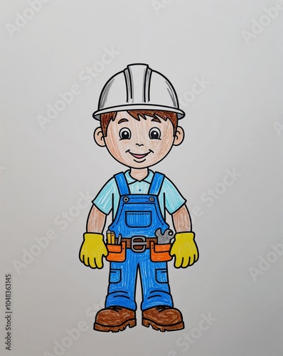 Hand drawing clipart of a boy construction worker with a hard hat and tool belt on plain white background