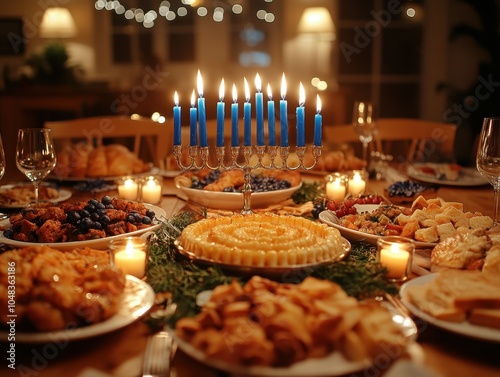 A beautifully arranged festive table with candles, delicious dishes, and a bright menorah, creating a warm, inviting atmosphere perfect for celebration. photo