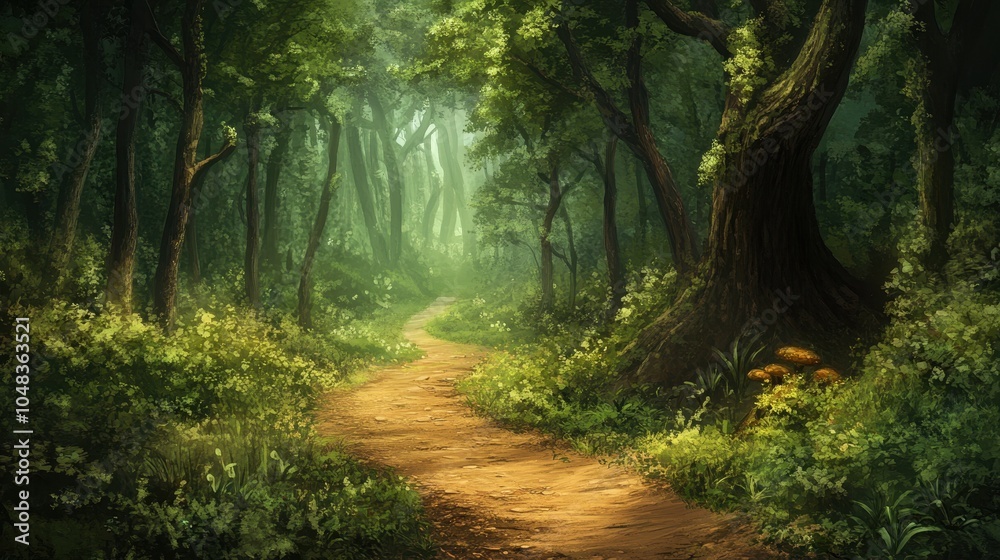 Obraz premium A Winding Path Through a Lush, Sun-Dappled Forest
