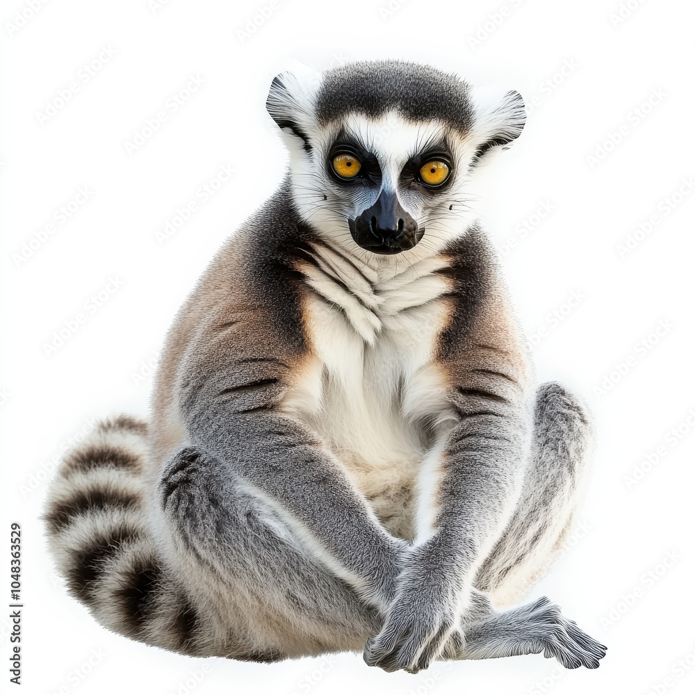 Fototapeta premium Lemur sitting calmly with striking yellow eyes and distinctive fur patterns, showcasing its unique features and playful demeanor