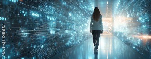Businesswoman Walking Through Digital Matrix Environment