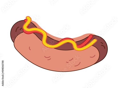 Hotdog American authentic cuisine street junk and fast food mustard ketchup sauce meat bun ingredient classic meal design icon set colorful