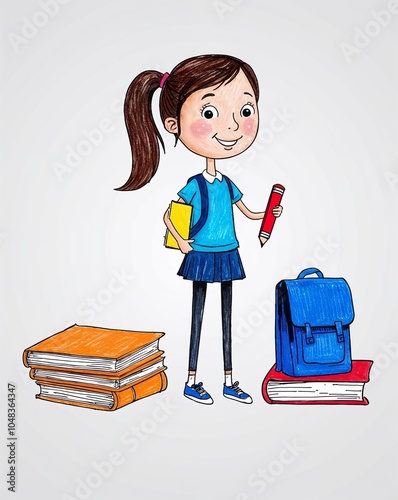 Hand drawing clipart of a girl with a ponytail and schoolbooks on plain white background