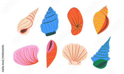 Hand Drawn Tropical Seashell Set. This set of eight vibrant, stylized seashells captures a range of unique shapes and bold colors. Ideal for beach and ocean-themed projects