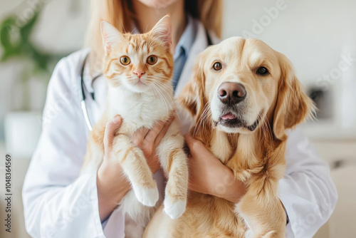 veterinarian holds cat and dog, showcasing bond between pets and their caregivers. scene reflects care and compassion in animal health