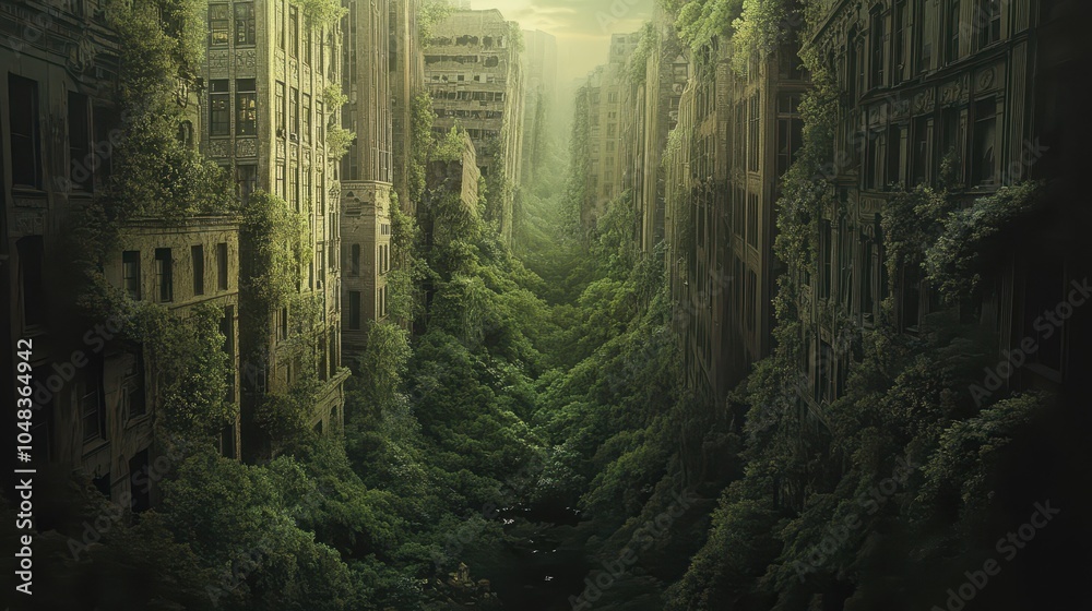 Fototapeta premium Overgrown Cityscape with Lush Foliage and Abandoned Buildings