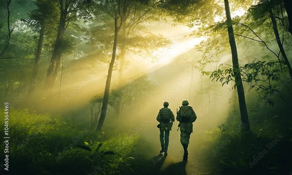 Two soldiers walking through a misty forest with sunlight filtering through the trees. Two soldiers walking through a misty forest with sunlight filtering through the trees.