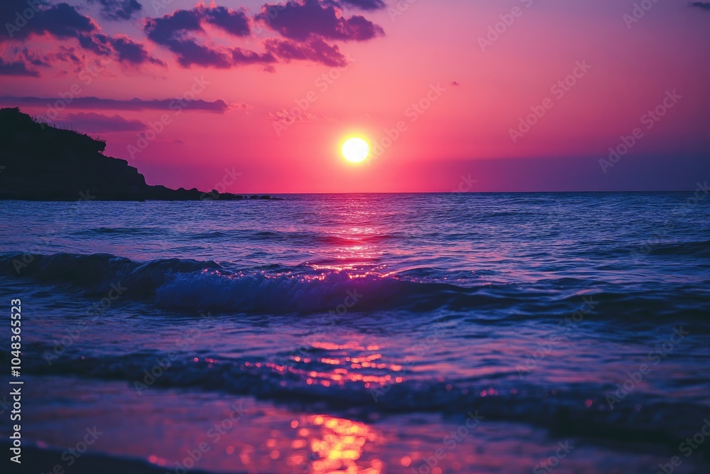 Fototapeta premium Golden sunset casting warm glow over tranquil ocean waves