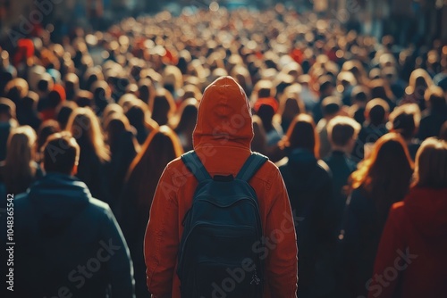 Young man wearing backpack standing out from the crowd