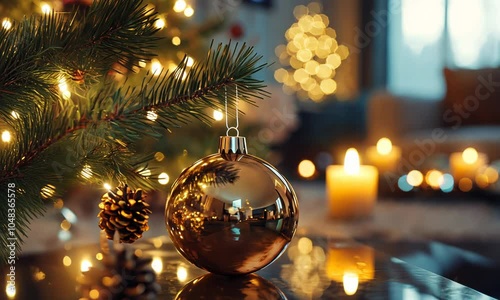 Wallpaper Mural Christmas tree ornaments reflecting the light of candles in a cozy living room setting Torontodigital.ca