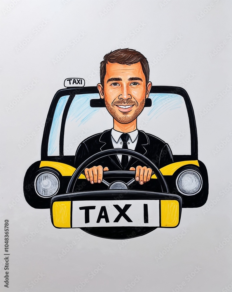Hand drawing clipart of a man taxi driver with a steering wheel and taxi sign on plain white background Hand drawing clipart of a man taxi driver with a steering wheel and taxi sign on plain white background