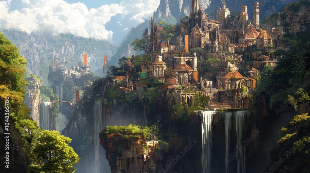 Fototapeta premium A City Built on Cliffs with Waterfalls and Lush Greenery