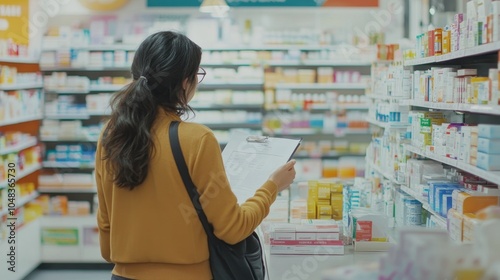 Woman Shopping for Medication in Pharmacy Aisle