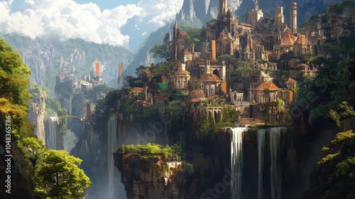 A City Built on Cliffs with Waterfalls and Lush Greenery