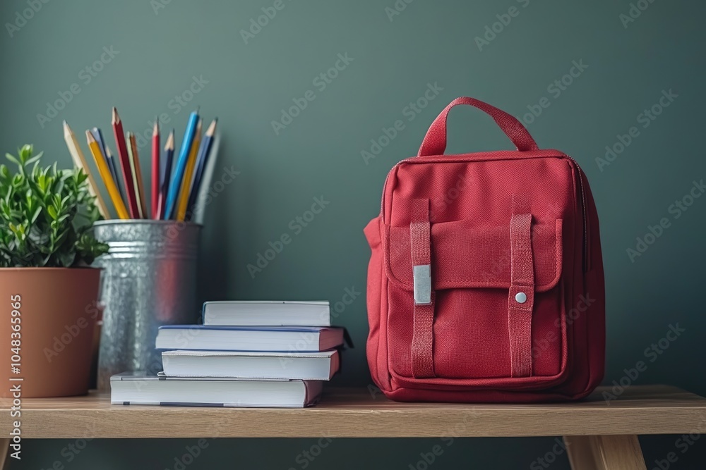 Red backpack sitting on desk with school supplies before class