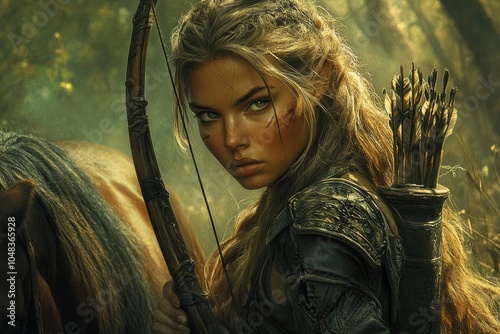 Elf huntress holding bow and arrow looking determined in forest next to horse photo