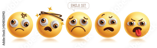 Emoji dismayed 3d emoticon characters vector set. Emoticons character collection in disappointed, sad, lonely, horrify, anxious and upset facial expression 3d graphic elements. Vector illustration 
