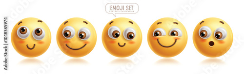 Emojis shy 3d emoticon characters vector set. Emoticons facial expression in happy, blush, smiling, cheerful, contented and cute face character graphic elements. Vector illustration emojis shy icon 