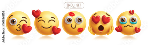Emoji in love emoticon characters vector set. Emojis 3d yellow characters with love, heart, lovely, kiss, happy and broken graphic elements collection. Vector illustration emojis in love icon 