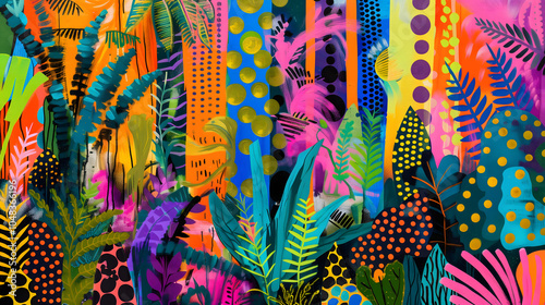 Colorful abstract floral wall art of a vibrant jungle rainforest with lush plants. Bright neon colors, horizontal maximalist summer poster photo