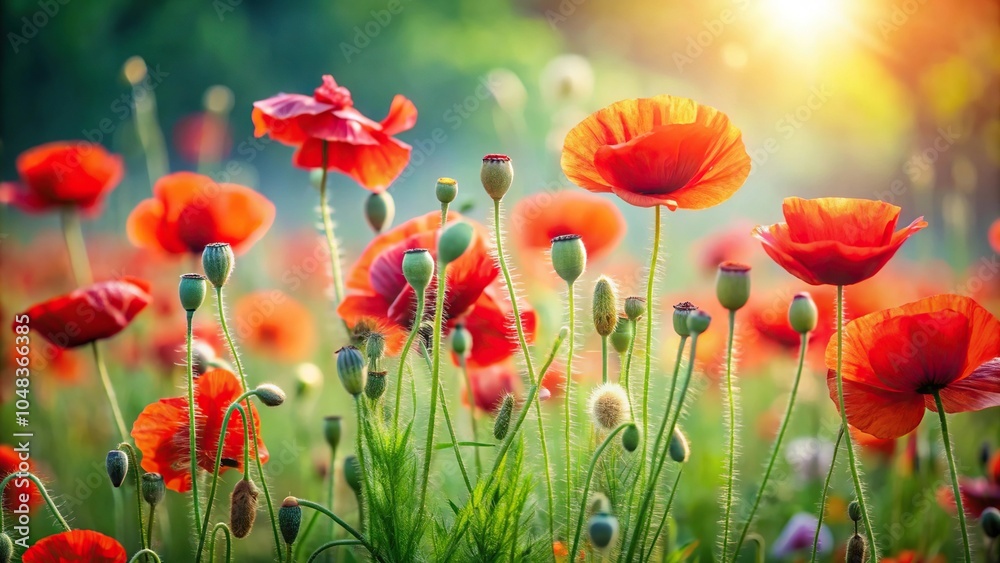 Fototapeta premium Title: Blooming poppies in a garden with forced perspective