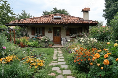 Idyllic cottage house surrounded by a lush garden blooming in summer