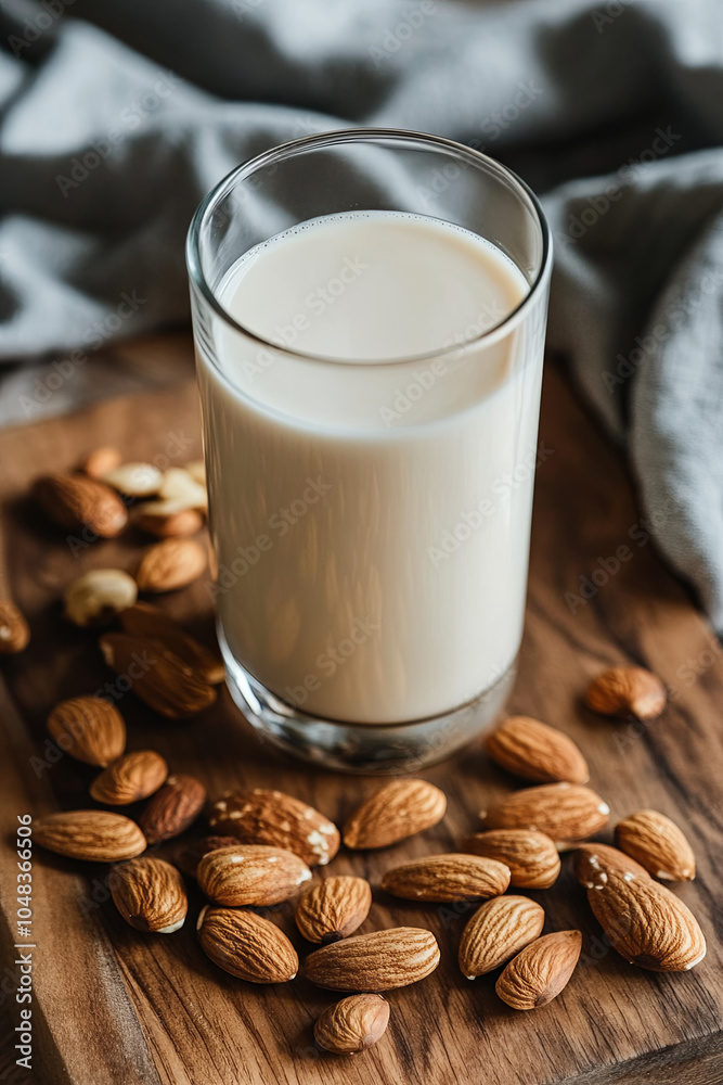 A glass of almond milk served with a handful of mixed nuts for a healthy snack A glass of almond milk served with a handful of mixed nuts for a healthy snack