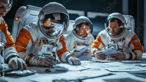Astronauts attending mission briefing in space, reviewing plans and discussing objectives with team