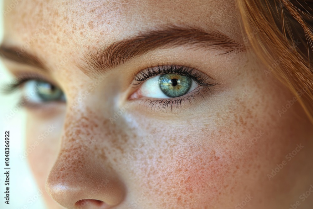 Obraz premium Closeup of young woman with freckles showing healthy skin