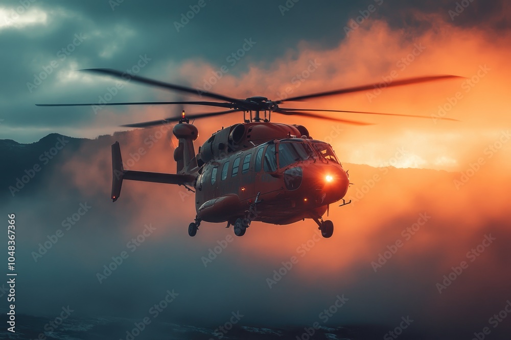 Fototapeta premium Red helicopter flying above the clouds at sunset