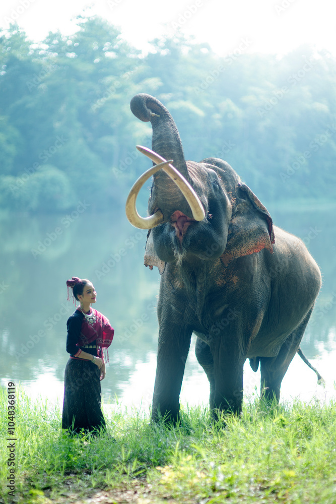 Beautiful young woman in Lanna costume with Thai elephant.