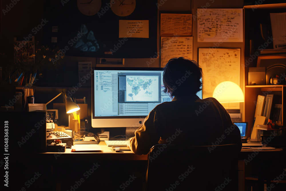 A person sitting at a desk late at night, illuminated by the glow of a computer screen