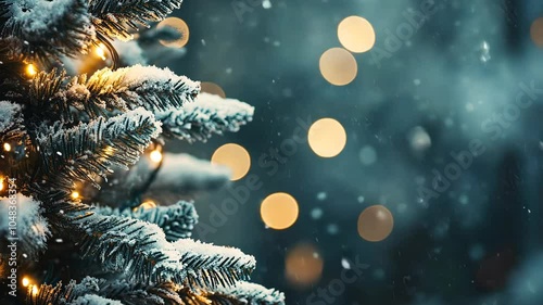 A snowy pine tree branch is adorned with twinkling lights against a backdrop of falling snow and bokeh