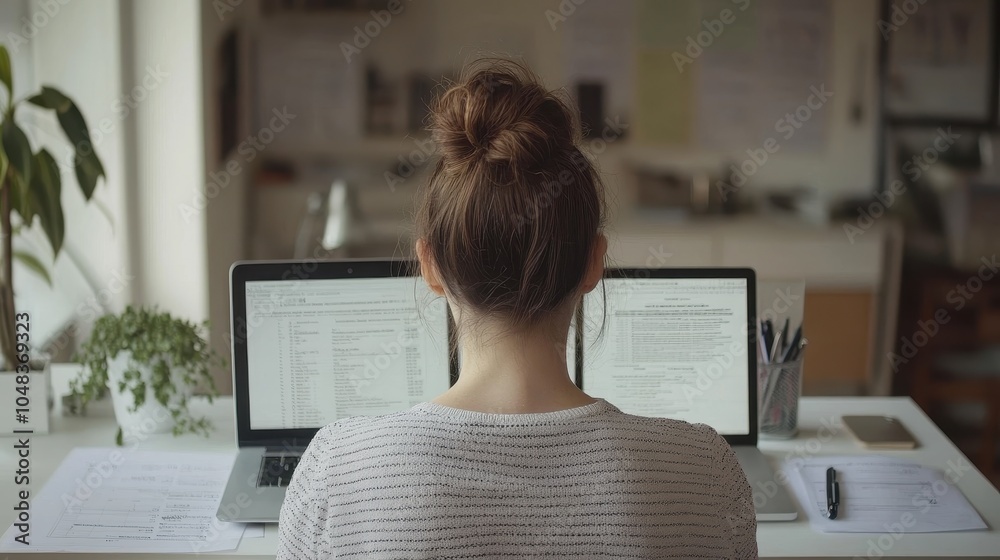 Focused Woman Working on Computer in Home Office Focused Woman Working on Computer in Home Office